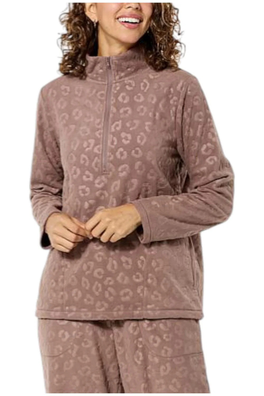 Comfort Code Women's Leopard Fleece Quarter Zip Pullover Brown - Regular